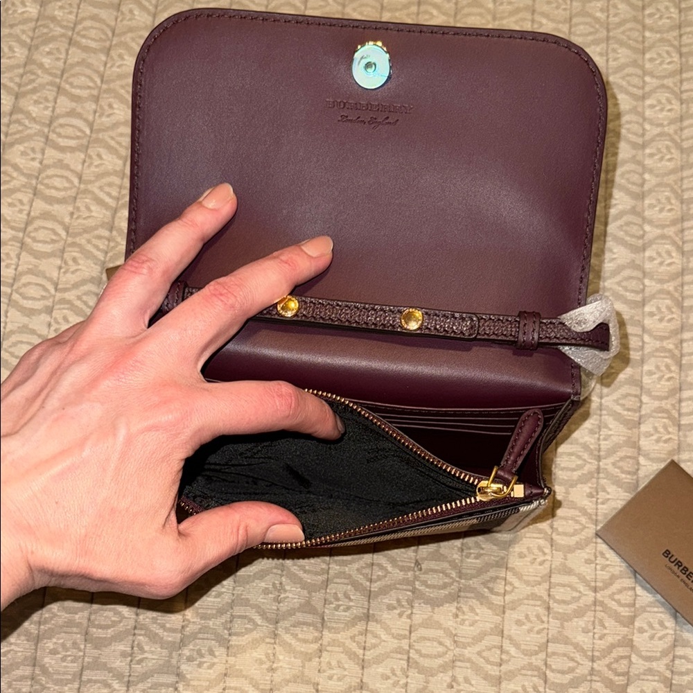 Burberry Burgundy Leather & Vintage Check Mini Crossbody - Picture 9 of 13